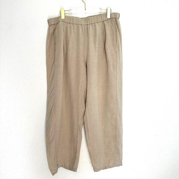 Eileen Fisher Organic Linen Pant XL Oatmeal Pull On Elastic Waist Ankle Relaxed - Picture 1 of 6